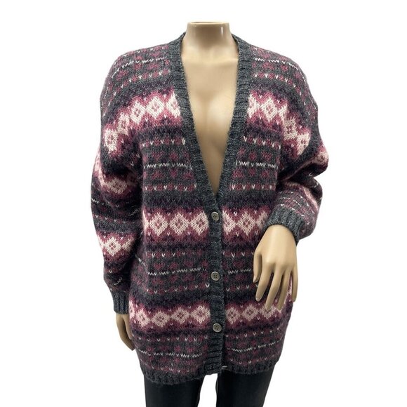Vintage Mohair Blend Fair‎ Isle Nordic Wool Blend Cardigan Sweater Gray Pink M - Picture 1 of 9